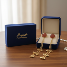 Ruby Red Triangle Stud Long Chain Drop Earrings with Gold Ghungroo Tassels