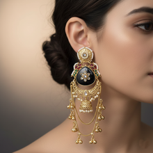 Black Stone Antique Gold Layered Jhumka Earrings with Meenakari & Chain Tassels