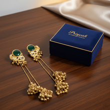 Kashmiri Emerald Green Stone Peacock Long Chain Jhumka Earrings in Antique Gold Finish