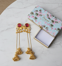 Kashmiri Ruby Stone Peacock Long Chain Jhumka Earrings in Antique Gold Finish