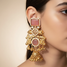 Kashmiri Blush Pink Stone Heritage Jhumka Earrings with Antique Gold Detailing