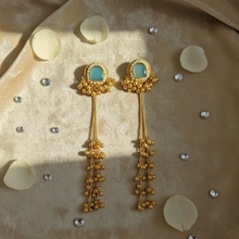 Antique Gold Green Stone Long Tassel Earrings with Ghungroo Drops