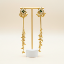 Antique Gold Green Stone Diamond Motif Long Tassel Earrings with Ghungroo Drops