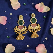 Kashmiri Green Pink Stone Layered Jhumka Earrings with Pearl Border and Antique Gold Finish