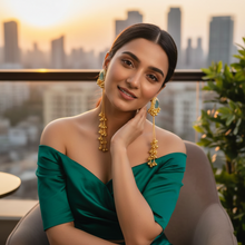 Antique Gold Green Stone Long Tassel Earrings with Ghungroo Drops