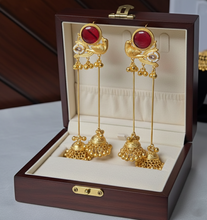 Kashmiri Ruby Stone Peacock Long Chain Jhumka Earrings in Antique Gold Finish