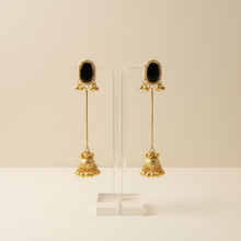 Kashmiri Black Stone Pearl Border Long Chain Jhumka Earrings in Antique Gold Finish