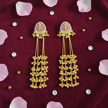 Antique Gold Pink Meenakari Triangle Stud Long Tassel Earrings with Ghungroo Drops