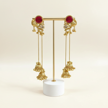 Antique Gold Peacock Design Red Stone Long Jhumka Tassel Earrings with Ghungroo Beads – Traditional Ethnic Wedding Jewelry