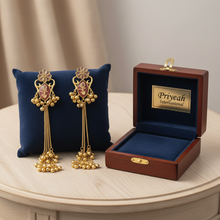 Antique Gold Floral Red Meenakari Long Tassel Earrings with Ghungroo Drops