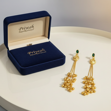 Antique Gold Peacock Motif Long Tassel Earrings with Green Stone Stud and Ghungroo Drops