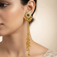 Antique Gold Green Stone Diamond Motif Long Tassel Earrings with Ghungroo Drops