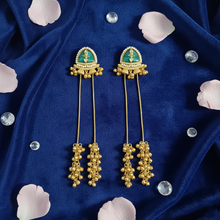 Antique Gold Green Meenakari Triangle Stud Long Tassel Earrings with Ghungroo Drops