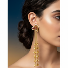 Handcrafted Kashmiri Jhumka Earrings with Ruby Enamel & Golden Bead Tassels