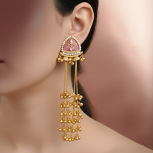 Antique Gold Pink Meenakari Triangle Stud Long Tassel Earrings with Ghungroo Drops