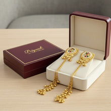 Antique Gold Green Stone Diamond Motif Long Tassel Earrings with Ghungroo Drops